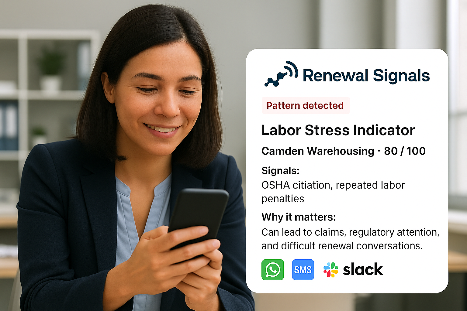Insurance broker reviewing Labor Stress Indicator alert on mobile